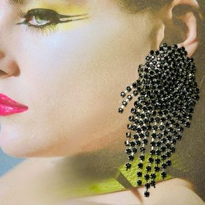 Gorgeous Black Rhinestone Waterfall Pierced Earrings